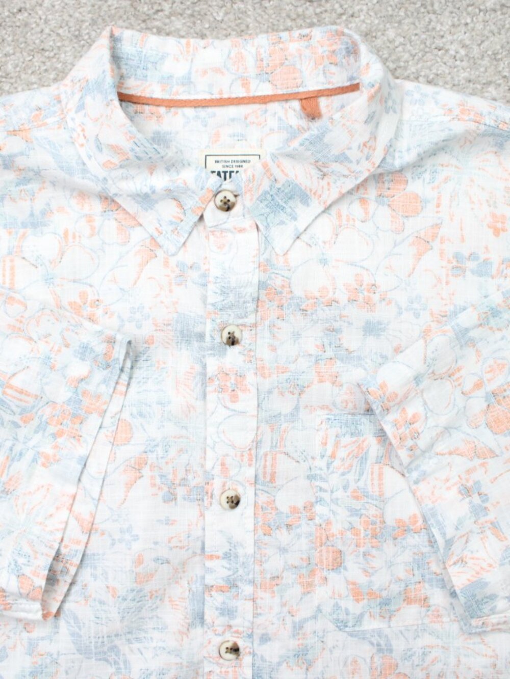 FatFace Shirt Mens XL White/Orange/Blue Floral Reverse Print Cotton Short Sleeve